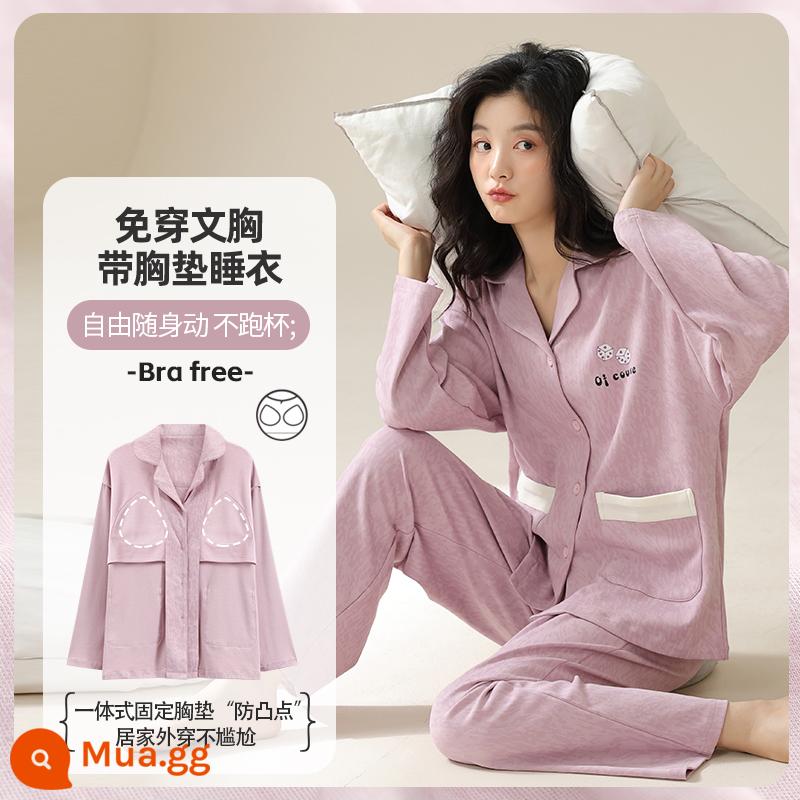 Bộ đồ ngủ cho nữ phong cách mùa hè cotton dài tay có miếng đệm ngực có thể mặc bên ngoài quần áo ở nhà bộ đồ cỡ lớn thông thường dành cho nữ mùa xuân thu - 6695