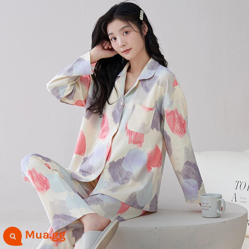 Bộ đồ ngủ cho nữ phong cách mùa hè cotton dài tay có miếng đệm ngực có thể mặc bên ngoài quần áo ở nhà bộ đồ cỡ lớn thông thường dành cho nữ mùa xuân thu - 3955 [Đệm ngực có thể tháo rời]