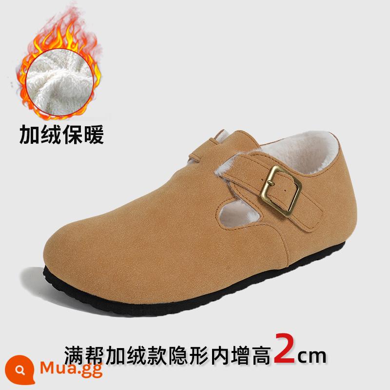 Sanxi Cùng Phong Cách Giày Birkenstock Nữ Bao Đầu Nửa Kéo Cho Áo Khoác Ngoài 2023 Mới Birkenstock Giày Câu Cá Đế Dày Tăng Chiều Cao Xăng Đan Và Dép - Màu kaki - viền đầy đủ và nhung [nên tăng một cỡ]