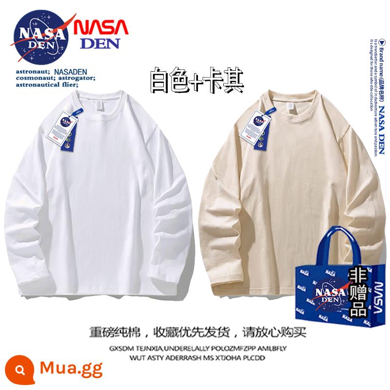 Áo thun nam dài tay hạng nặng của NASA mùa thu cotton nguyên chất cổ tròn dày cotton T rộng màu trơn đa năng áo sơ mi đáy quần dành cho nam - trắng + kaki