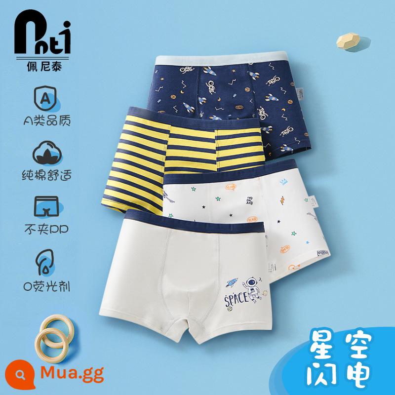 Quần Lót Trẻ Em Cotton Nguyên Chất Bé Trai Quần Lót Boxer Bé Thanh Thiếu Niên Phẳng Quần Cotton Tam Giác Bé Trai Lớn Bé Trai - Tia chớp bầu trời đầy sao (4 gói)