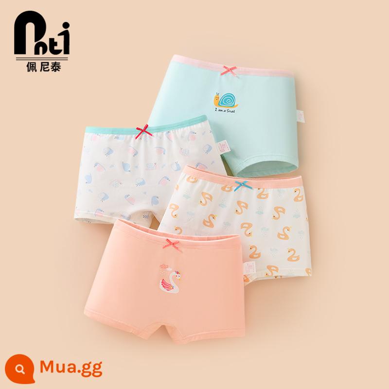 Quần lót trẻ em Penithai cotton nữ quần lót bé gái boxer tam giác quần đùi bé gái bé lớn không kẹp pp - Thiên Nga Nhỏ GD208209 (bộ hộp vuông 4 cái)