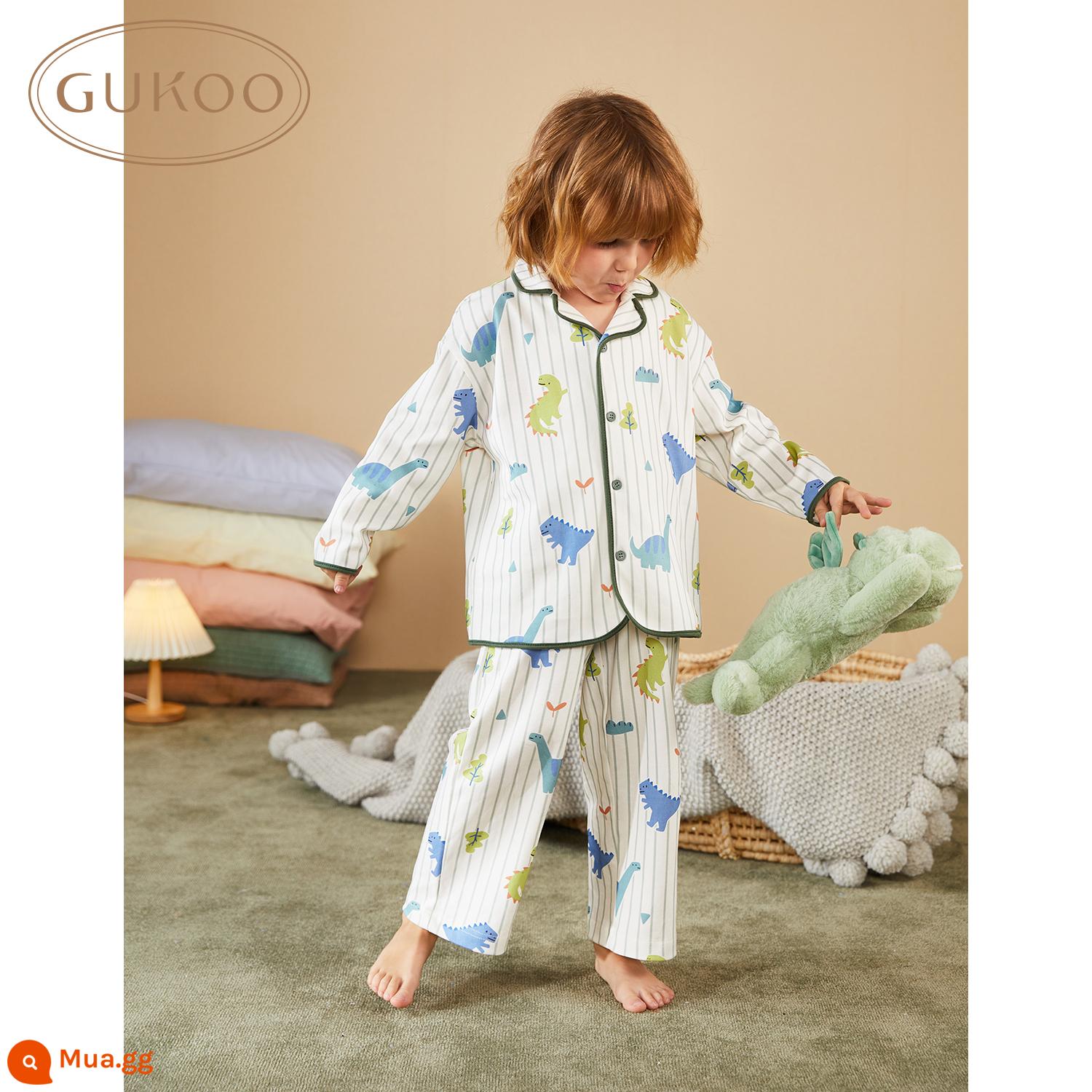 Bộ đồ ngủ trẻ em Gukoo/Gukoo Mùa xuân và mùa thu mới Bộ đồ ngủ bé trai Homewear Bộ đồ ngủ cotton Bộ đồ ngủ hoạt hình A - bộ đồ ngủ khủng long nhỏ