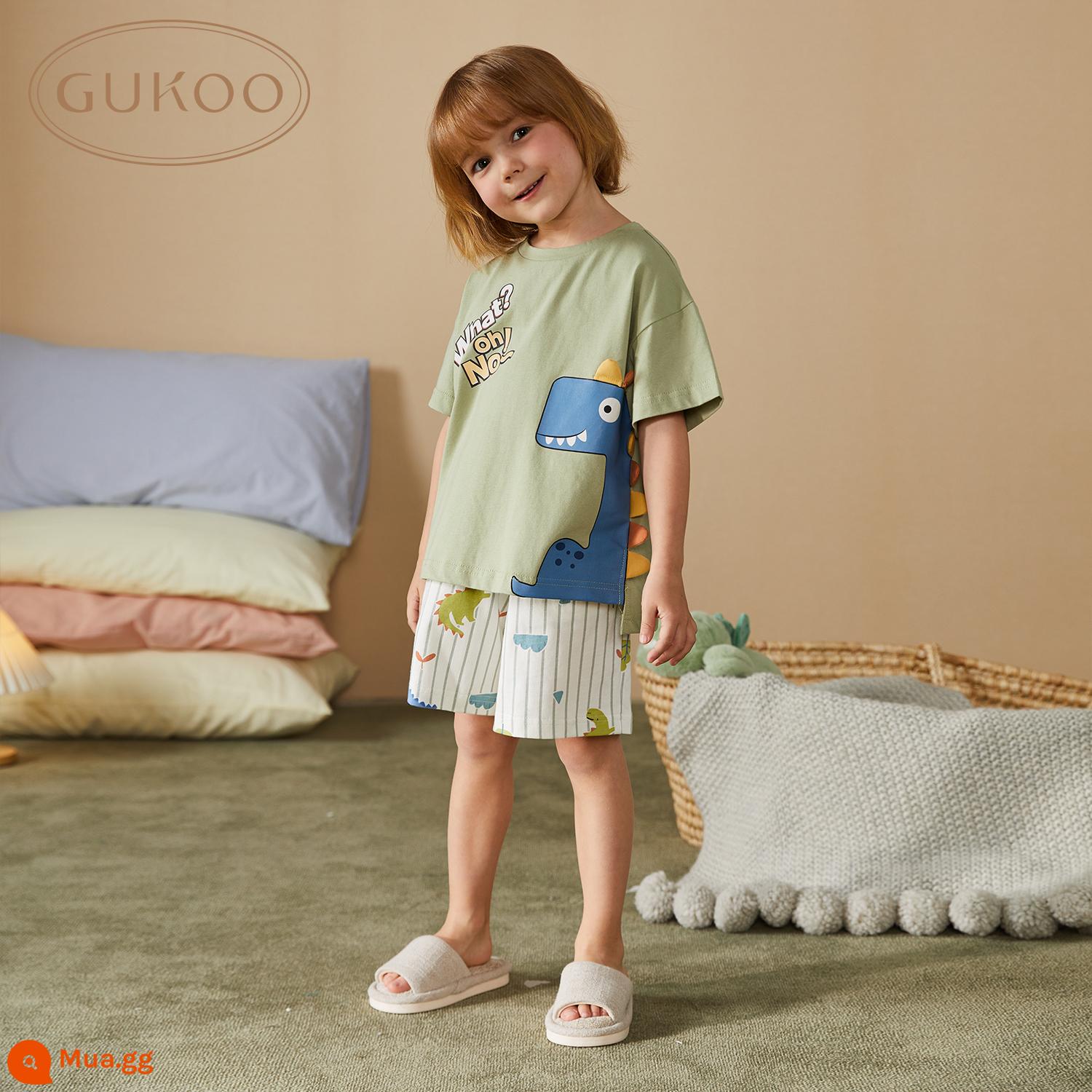 Bộ đồ ngủ trẻ em Gukoo/Gukoo Mùa xuân và mùa thu mới Bộ đồ ngủ bé trai Homewear Bộ đồ ngủ cotton Bộ đồ ngủ hoạt hình A - Khủng long nhỏ cổ tròn mùa hè