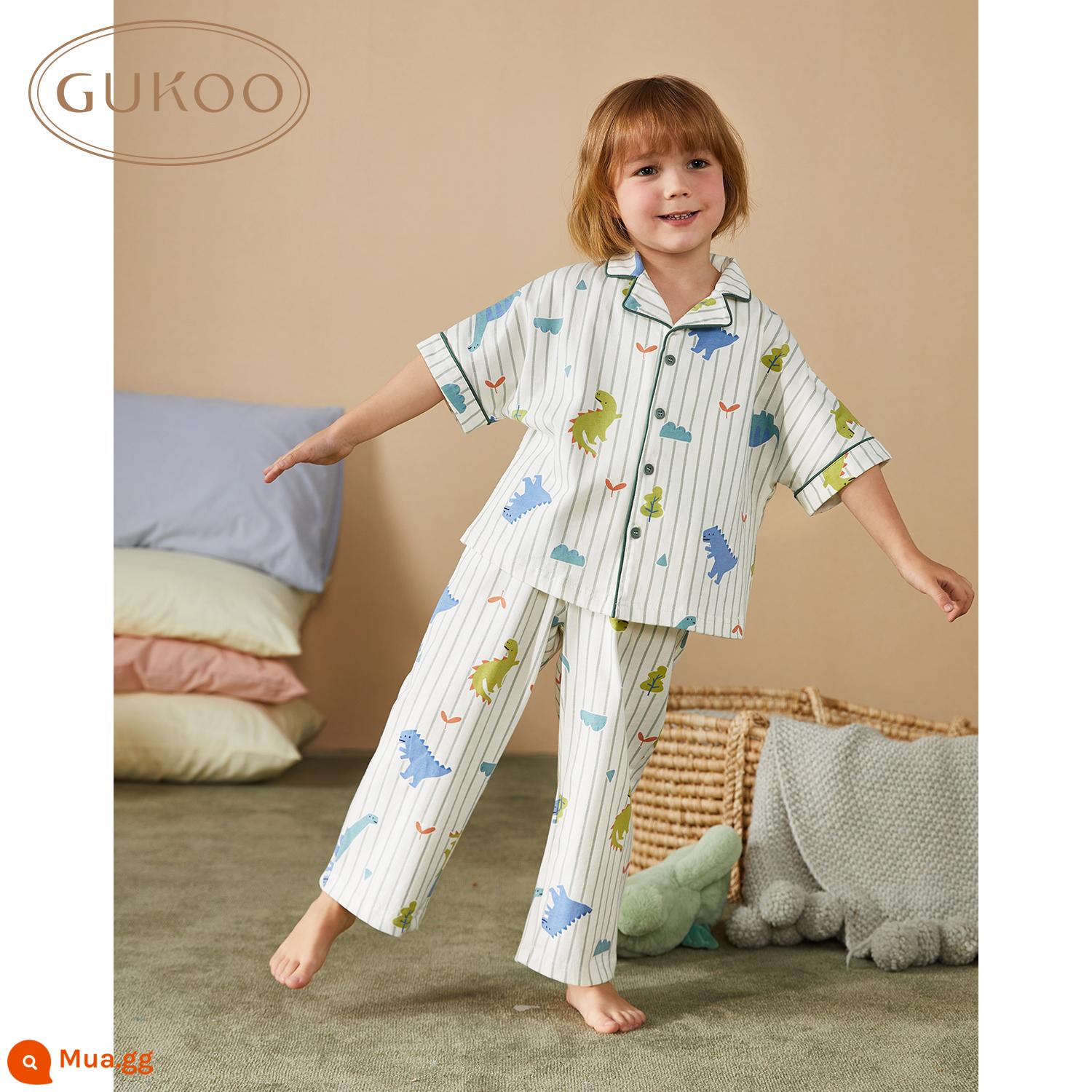 Bộ đồ ngủ trẻ em Gukoo/Gukoo Mùa xuân và mùa thu mới Bộ đồ ngủ bé trai Homewear Bộ đồ ngủ cotton Bộ đồ ngủ hoạt hình A - Quần mùa hè khủng long nhỏ