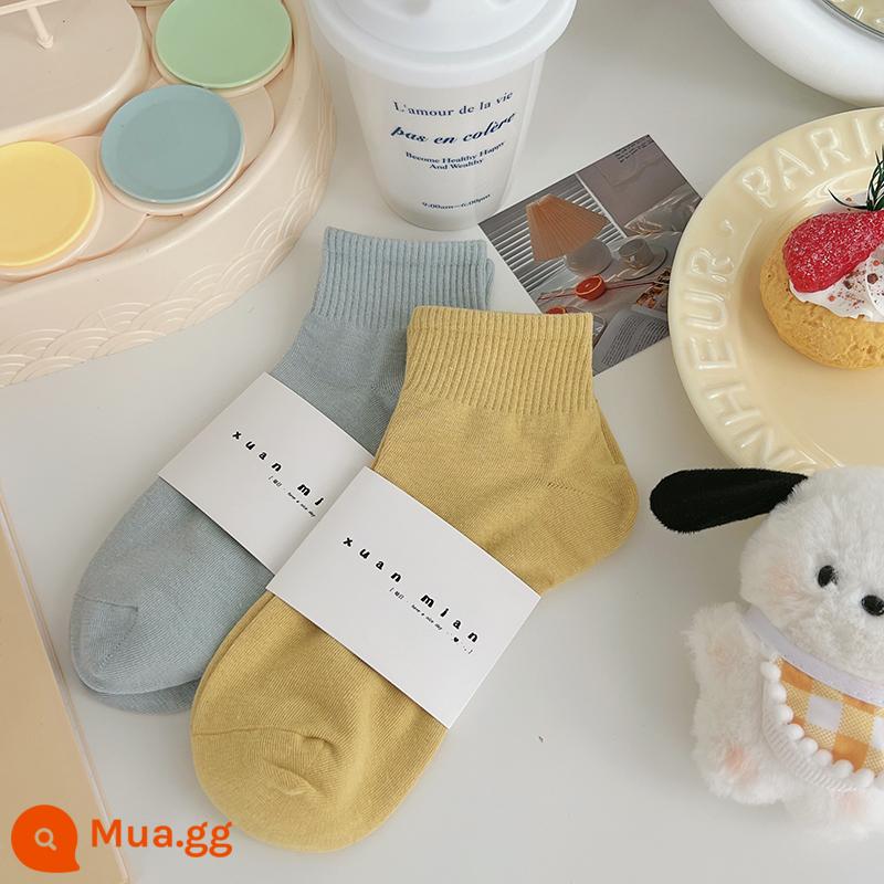 Vớ ống ngắn màu trơn mùa hè dành cho nữ cotton nguyên chất phần mỏng Sinh viên Nhật Bản thể thao màu vớ ngắn thể thao mùa xuân và mùa thu vớ ống giữa - màu xanh xám-vàng