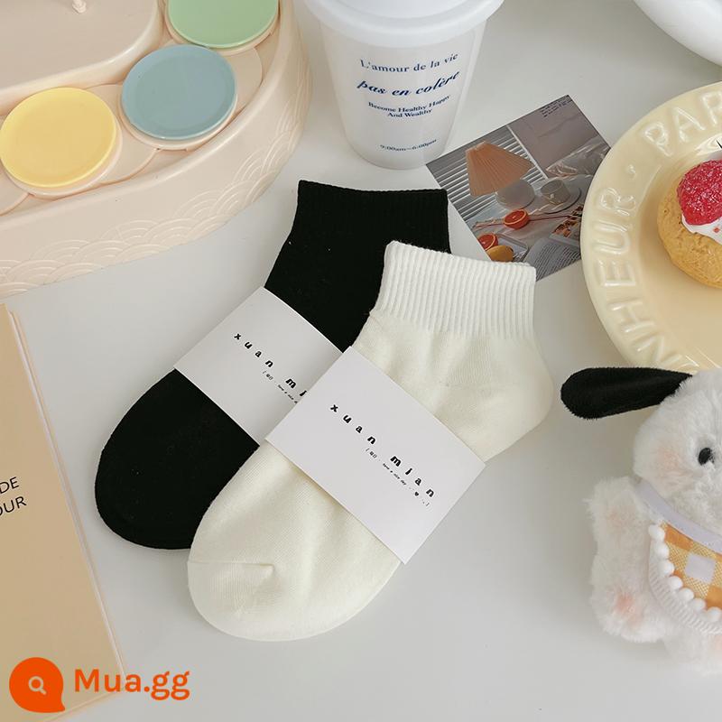 Vớ ống ngắn màu trơn mùa hè dành cho nữ cotton nguyên chất phần mỏng Sinh viên Nhật Bản thể thao màu vớ ngắn thể thao mùa xuân và mùa thu vớ ống giữa - kem đen