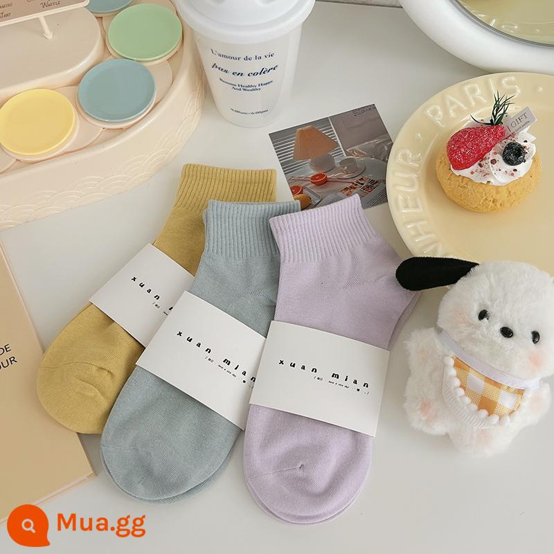 Vớ ống ngắn màu trơn mùa hè dành cho nữ cotton nguyên chất phần mỏng Sinh viên Nhật Bản thể thao màu vớ ngắn thể thao mùa xuân và mùa thu vớ ống giữa - Vàng-xanh-xám-oải hương