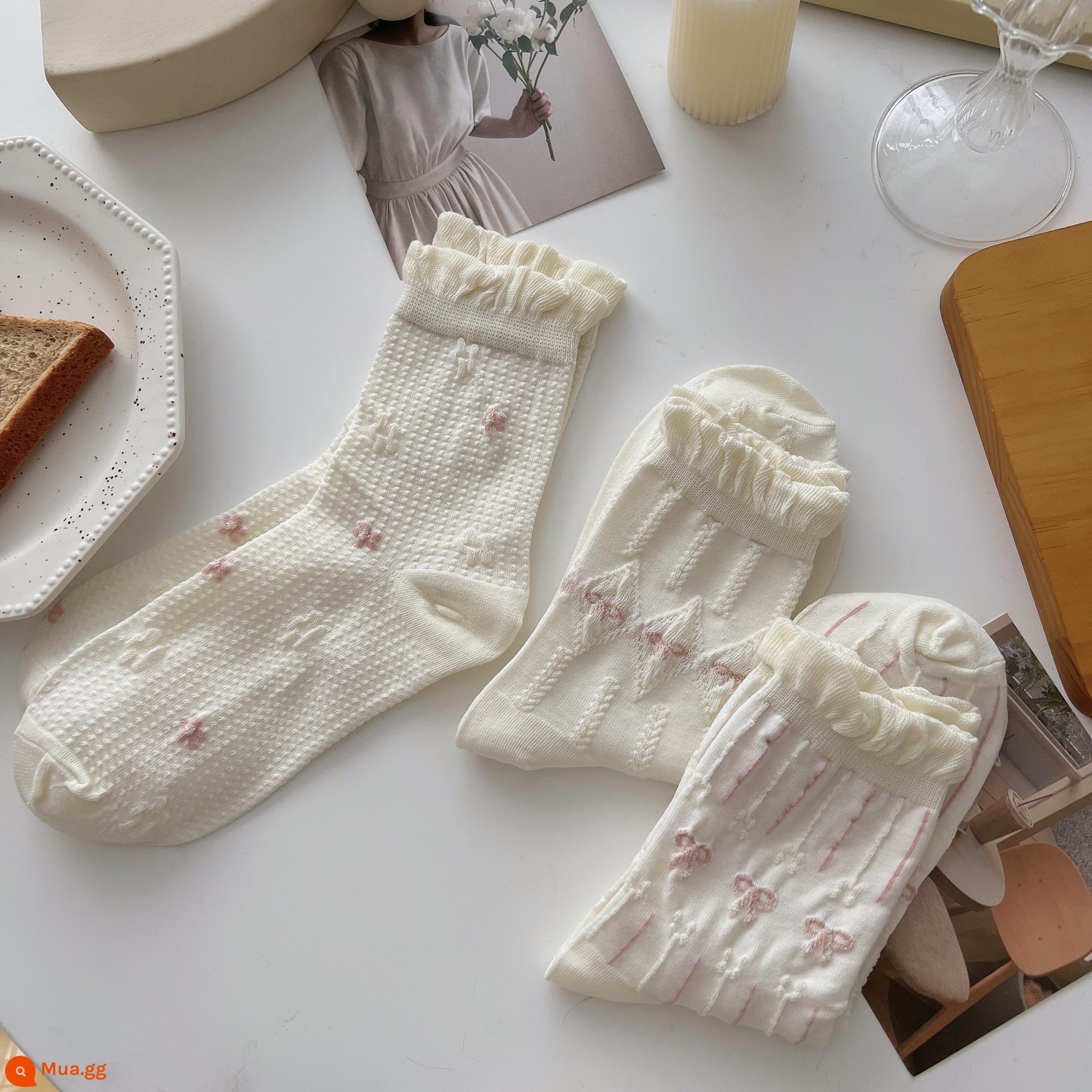 Tất ren trắng đến giữa bắp chân nữ vớ cotton nguyên chất xu hướng xuân thu phong cách Nhật Bản dễ thương jk mặc ngoài vớ sinh viên mùa hè - Nhóm F