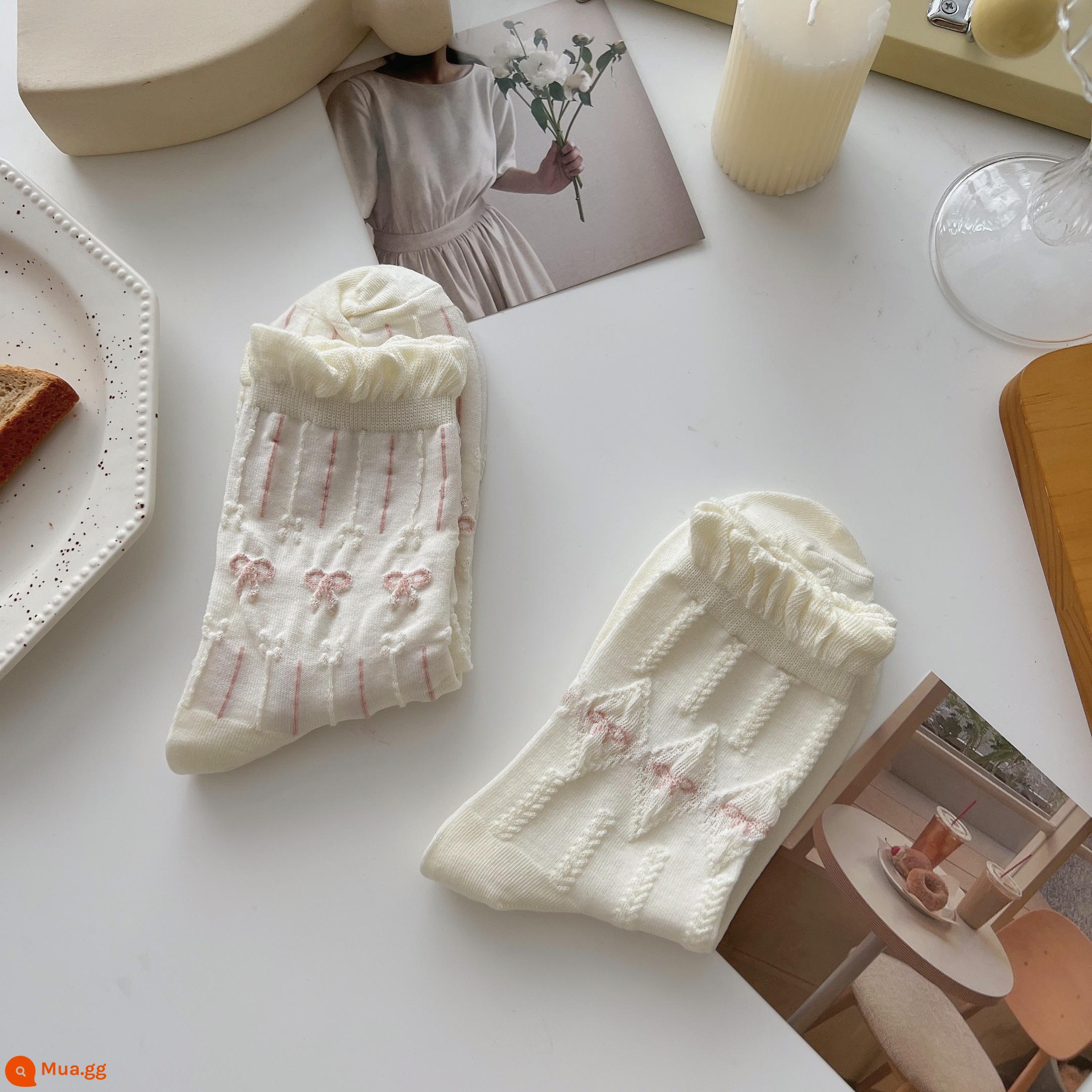 Tất ren trắng đến giữa bắp chân nữ vớ cotton nguyên chất xu hướng xuân thu phong cách Nhật Bản dễ thương jk mặc ngoài vớ sinh viên mùa hè - Nhóm L