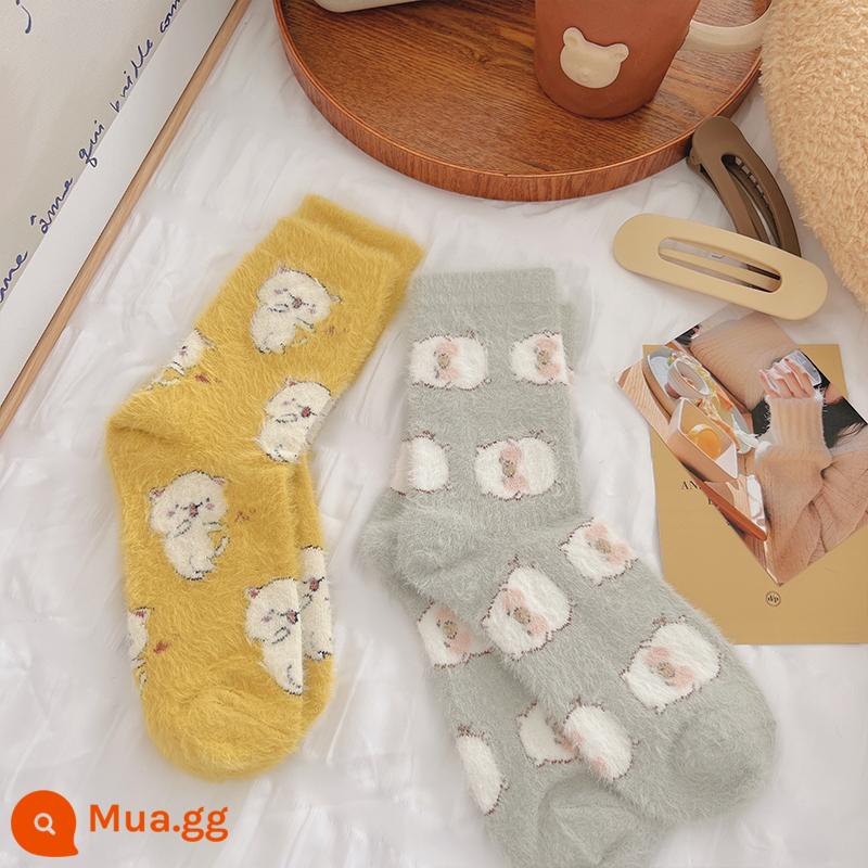 Phim hoạt hình Mink Velvet vớ Trẻ em vào mùa thu và mùa đông cộng với nhung dày của Nhật Bản Ngôi nhà dễ thương trên tất - màu xám vàng nhạt