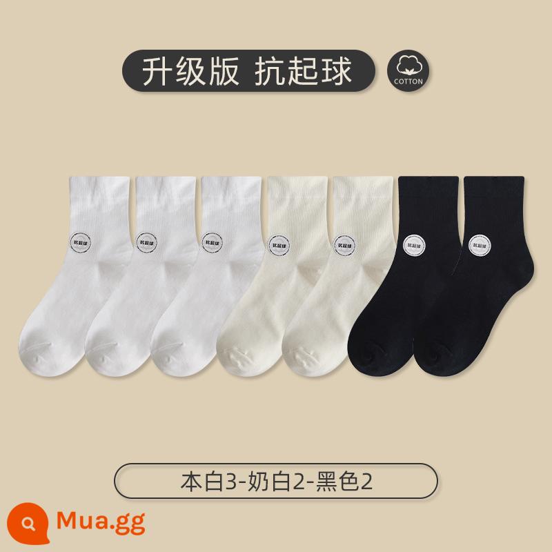 Tất trắng không xương đến giữa bắp chân của phụ nữ xu hướng cotton nguyên chất mùa xuân và mùa thu màu trơn chống đóng cọc vớ rộng giữ miệng - Trắng nguyên bản 3-trắng sữa 2-đen 2