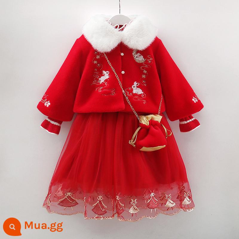 Hanfu trẻ em Quần áo mùa đông Cổ dày Trường nước ngoài Màu đỏ đêm giao thừa Đầm bé gái Tang Phù hợp với Váy phù hợp với phong cách Trung Hoa - Bộ bốn món thỏ ngọc đỏ mxt