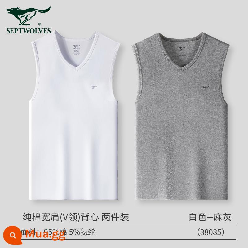 Septwolves Áo Vest Nam Cotton Nguyên Chất Bên Trong Mặc Mùa Hè 100% Cotton Ông Già Áo Sơ Mi Vượt Rào Thể Thao Đáy Quần Lót nam - (Cổ chữ V vai rộng siêu co giãn 2 chiếc) trắng + xám