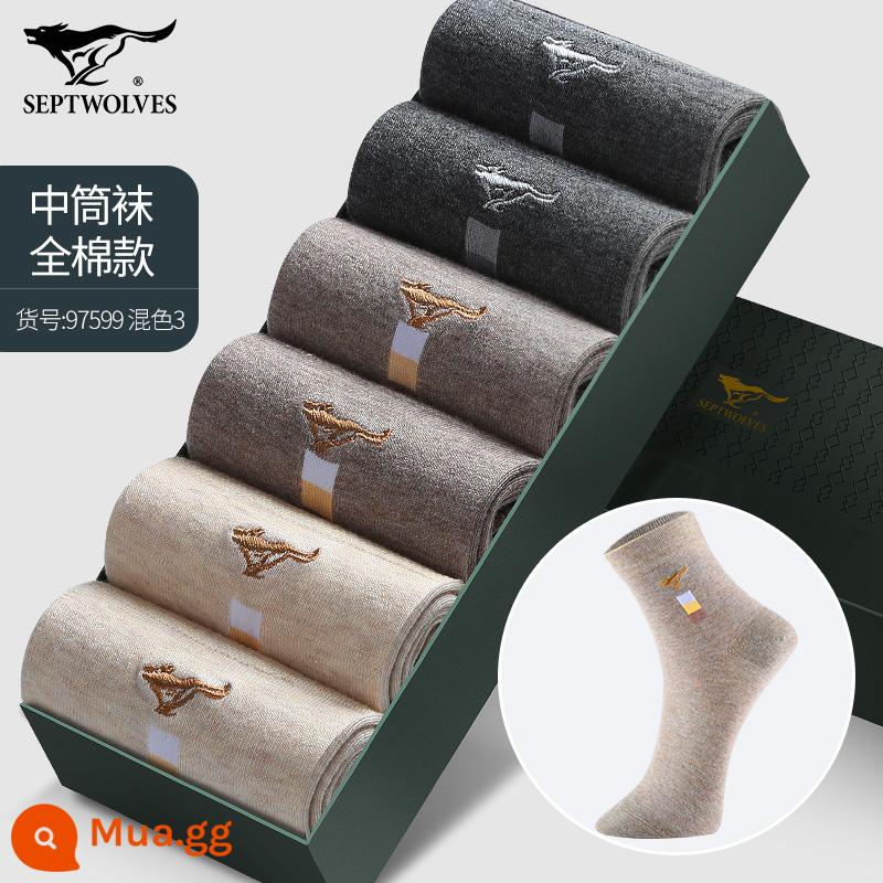 Vớ Septwolves nam ống giữa cotton nguyên chất khử mùi thấm mồ hôi thoáng khí thu đông kháng khuẩn vớ cotton vớ mỏng cho nam - Tất dài đến bắp chân bằng cotton nguyên chất (kháng khuẩn và khử mùi) xám đậm*2+cà phê nhạt*2+da sáng*2