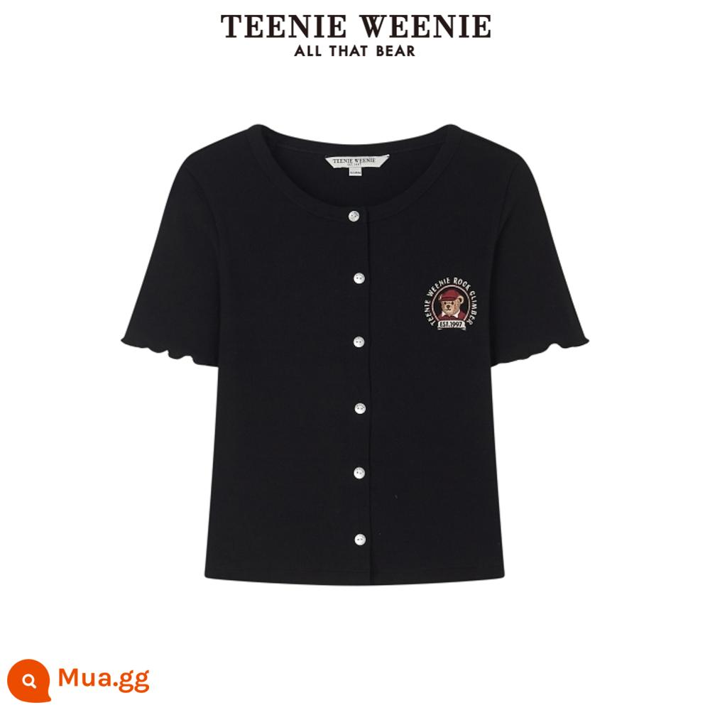 TeenieWeenie Bear 2023 mùa hè mới bó sát lớn cổ tròn ngắn tay cardigan nữ layering - Một màu đen