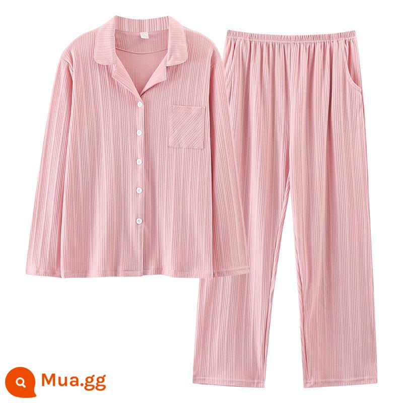 Bộ đồ ngủ cặp đôi cotton tân cương cho nam và nữ mùa xuân và mùa thu cotton nguyên chất mỏng kẻ sọc dài tay cỡ lớn có thể mặc ngoài phù hợp với dịch vụ tại nhà - Bộ đồ nữ màu hồng 3117