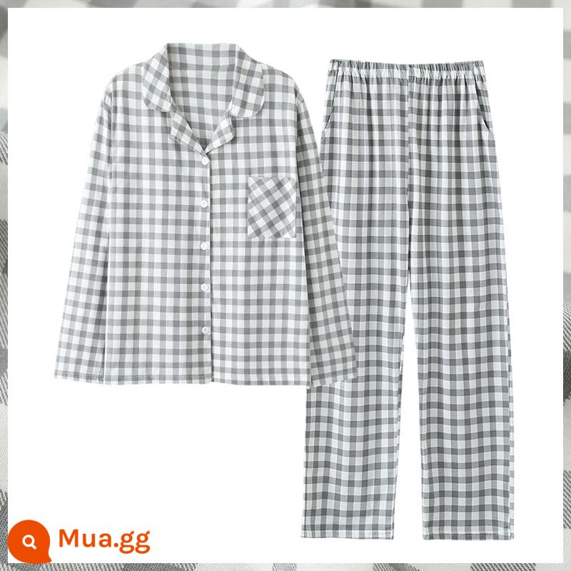 Bộ đồ ngủ cặp đôi cotton tân cương cho nam và nữ mùa xuân và mùa thu cotton nguyên chất mỏng kẻ sọc dài tay cỡ lớn có thể mặc ngoài phù hợp với dịch vụ tại nhà - Suit nam màu xám 98007