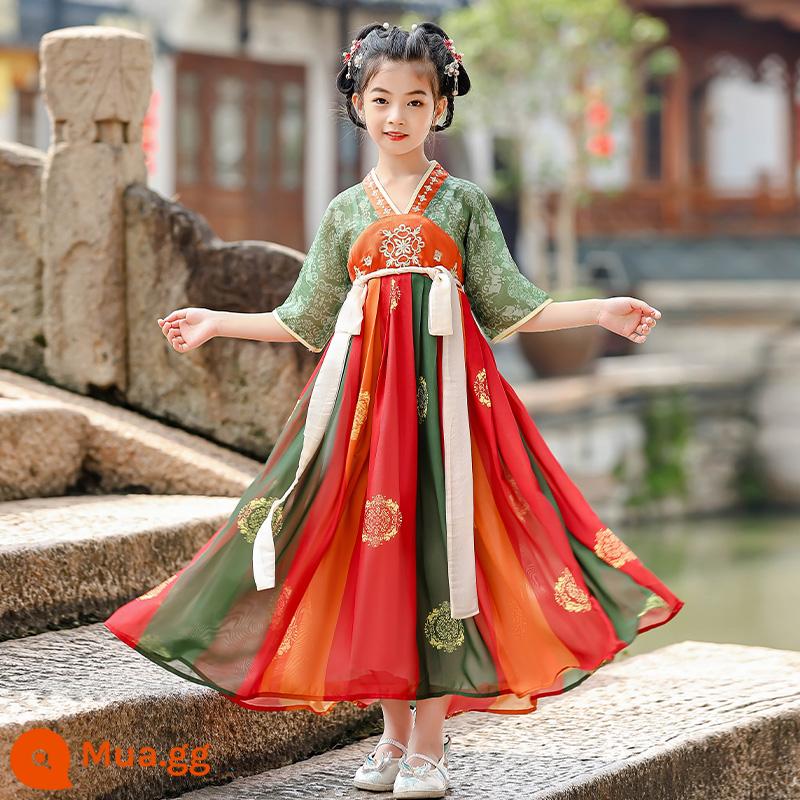 Hanfu trẻ em Sách phong cách Trung Quốc dành cho nam sinh Trường Quốc gia Quần áo trẻ em Trường tiểu học Trang phục cổ dài tay Trang phục nữ Sáu một - Váy ngắn tay màu xanh lá cây