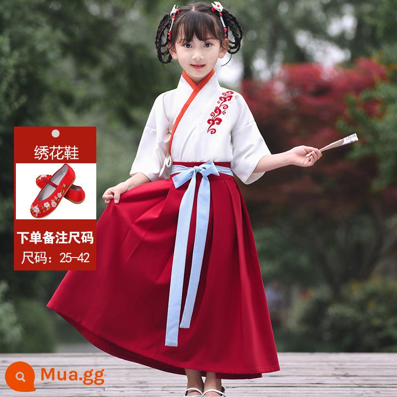 Hanfu trẻ em Sách phong cách Trung Quốc dành cho nam sinh Trường Quốc gia Quần áo trẻ em Trường tiểu học Trang phục cổ dài tay Trang phục nữ Sáu một - Nữ ngắn tay (áo + váy đỏ) + giày thêu đỏ (note size)