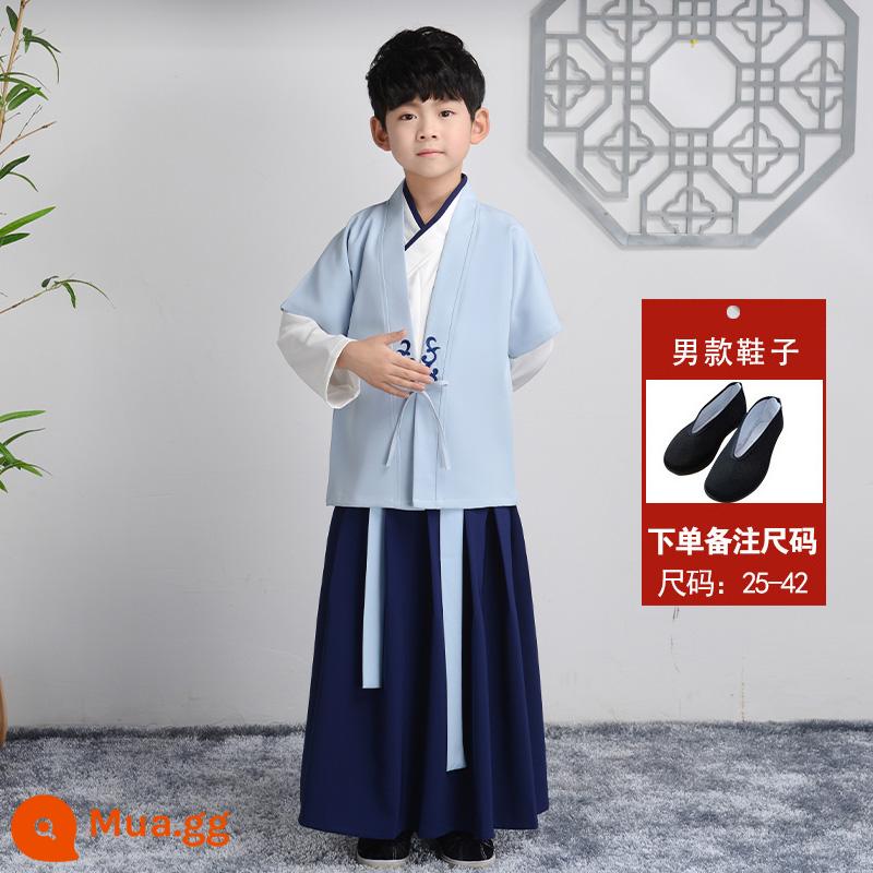 Hanfu trẻ em Sách phong cách Trung Quốc dành cho nam sinh Trường Quốc gia Quần áo trẻ em Trường tiểu học Trang phục cổ dài tay Trang phục nữ Sáu một - Kiểu nam (tay áo dài + vest xanh da trời) + giày vải đen