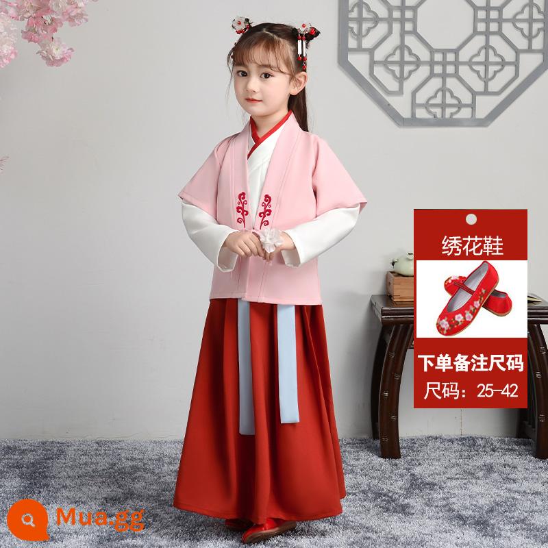 Hanfu trẻ em Sách phong cách Trung Quốc dành cho nam sinh Trường Quốc gia Quần áo trẻ em Trường tiểu học Trang phục cổ dài tay Trang phục nữ Sáu một - Mẫu nữ (tay dài + vest hồng) + giày thêu đỏ (size note)