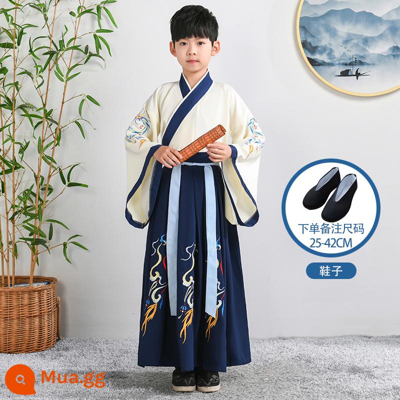 Hanfu trẻ em Sách phong cách Trung Quốc dành cho nam sinh Trường Quốc gia Quần áo trẻ em Trường tiểu học Trang phục cổ dài tay Trang phục nữ Sáu một - Phong cách nam màu be xanh đậm tốt lành + Giày đen