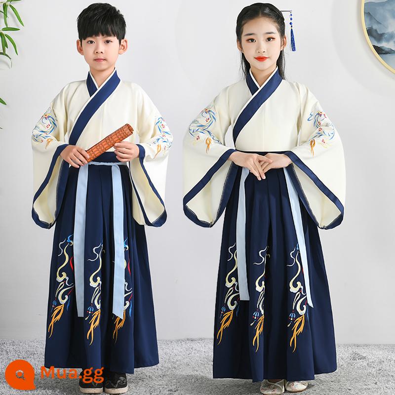 Hanfu trẻ em Sách phong cách Trung Quốc dành cho nam sinh Trường Quốc gia Quần áo trẻ em Trường tiểu học Trang phục cổ dài tay Trang phục nữ Sáu một - Màu be tốt lành Xanh đậm [Phong cách giống nhau cho nam và nữ]