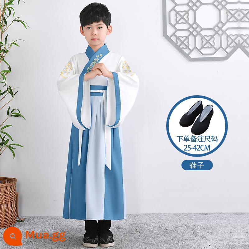 Hanfu trẻ em Sách phong cách Trung Quốc dành cho nam sinh Trường Quốc gia Quần áo trẻ em Trường tiểu học Trang phục cổ dài tay Trang phục nữ Sáu một - Giày nam tay rộng khâu hồ xanh + giày vải đen