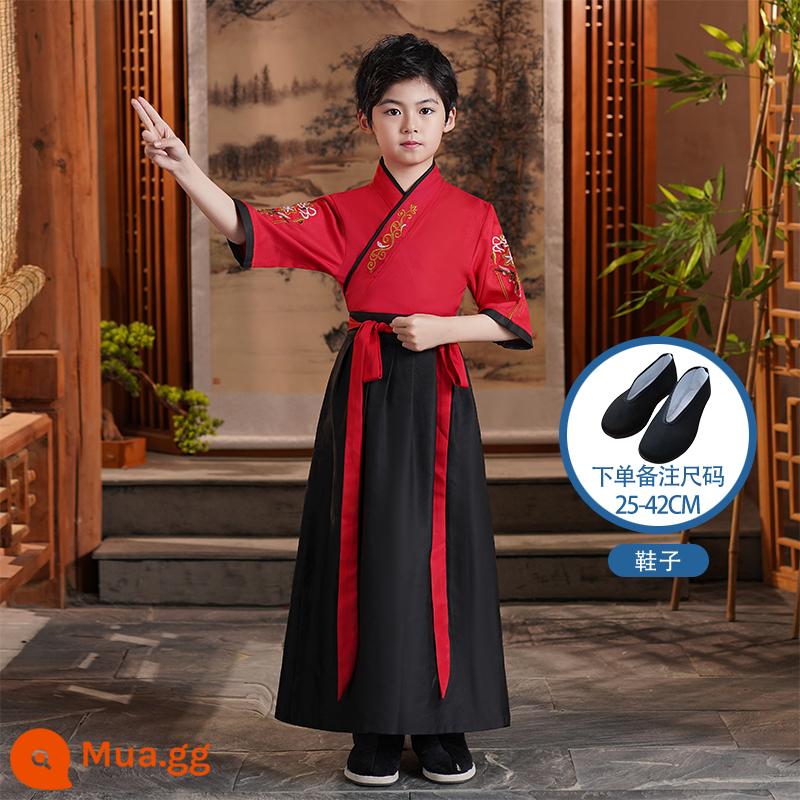 Hanfu trẻ em Sách phong cách Trung Quốc dành cho nam sinh Trường Quốc gia Quần áo trẻ em Trường tiểu học Trang phục cổ dài tay Trang phục nữ Sáu một - Giày nam ngắn tay Ruyi đỏ to + giày vải đen