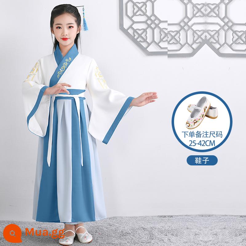 Hanfu trẻ em Sách phong cách Trung Quốc dành cho nam sinh Trường Quốc gia Quần áo trẻ em Trường tiểu học Trang phục cổ dài tay Trang phục nữ Sáu một - Mẫu nữ tay rộng khâu hồ xanh + giày thêu trắng