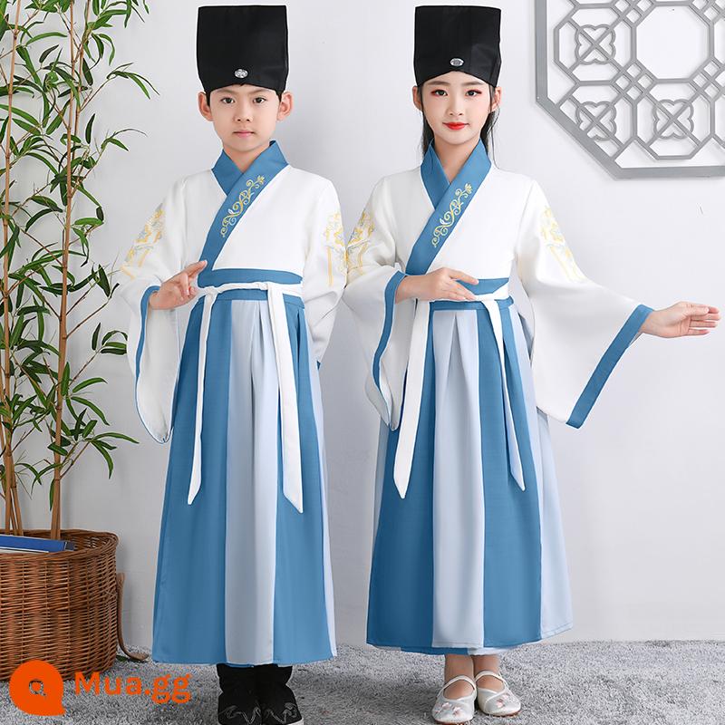 Hanfu trẻ em Sách phong cách Trung Quốc dành cho nam sinh Trường Quốc gia Quần áo trẻ em Trường tiểu học Trang phục cổ dài tay Trang phục nữ Sáu một - Hồ xanh khâu tay rộng cho nam nữ + mũ