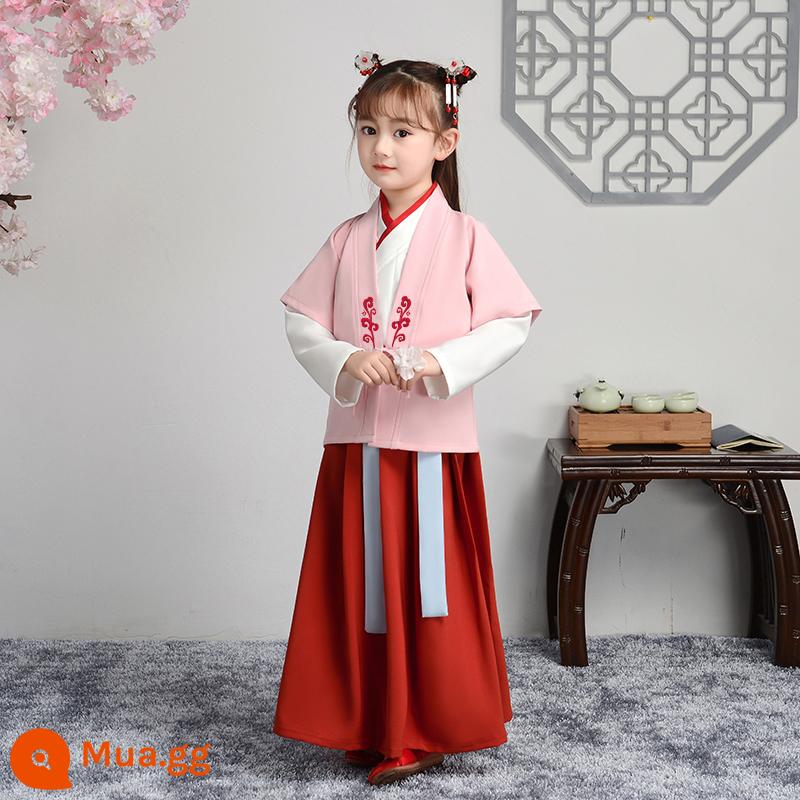 Hanfu trẻ em Sách phong cách Trung Quốc dành cho nam sinh Trường Quốc gia Quần áo trẻ em Trường tiểu học Trang phục cổ dài tay Trang phục nữ Sáu một - Mẫu nữ (tay dài + vest hồng)