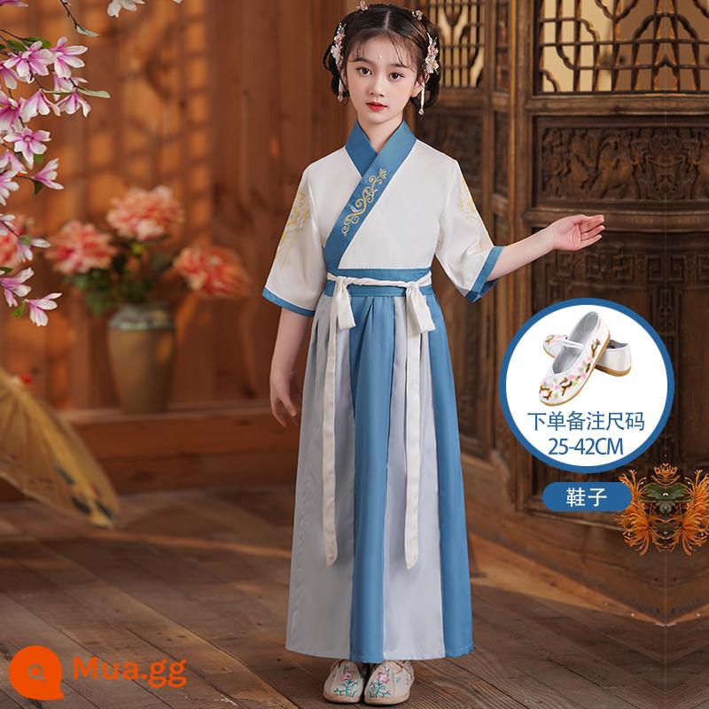 Hanfu trẻ em Sách phong cách Trung Quốc dành cho nam sinh Trường Quốc gia Quần áo trẻ em Trường tiểu học Trang phục cổ dài tay Trang phục nữ Sáu một - Giày nữ ngắn tay thêu màu xanh hồ + giày trắng thêu