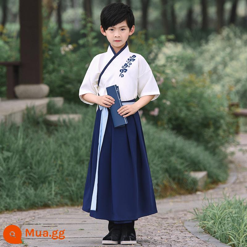 Hanfu trẻ em Sách phong cách Trung Quốc dành cho nam sinh Trường Quốc gia Quần áo trẻ em Trường tiểu học Trang phục cổ dài tay Trang phục nữ Sáu một - Áo tay ngắn nam (áo + váy xanh)