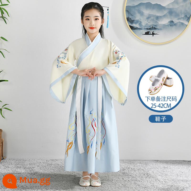 Hanfu trẻ em Sách phong cách Trung Quốc dành cho nam sinh Trường Quốc gia Quần áo trẻ em Trường tiểu học Trang phục cổ dài tay Trang phục nữ Sáu một - Gạo cát tường nữ trắng xanh nhạt + giày thêu trắng