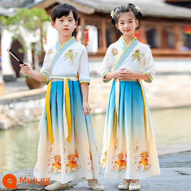 Hanfu trẻ em Sách phong cách Trung Quốc dành cho nam sinh Trường Quốc gia Quần áo trẻ em Trường tiểu học Trang phục cổ dài tay Trang phục nữ Sáu một - Áo tay ngắn kiểu dáng kỳ lạ dành cho nam và nữ, kiểu dáng giống nhau