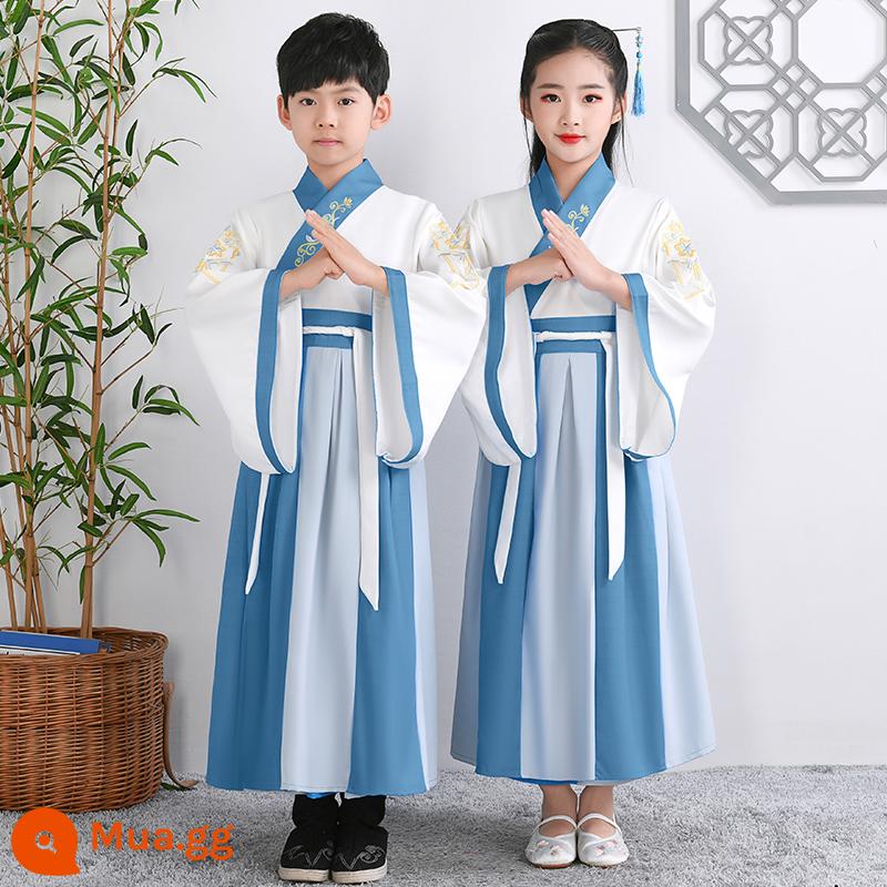 Hanfu trẻ em Sách phong cách Trung Quốc dành cho nam sinh Trường Quốc gia Quần áo trẻ em Trường tiểu học Trang phục cổ dài tay Trang phục nữ Sáu một - Tay áo rộng khâu màu xanh hồ cùng kiểu cho nam và nữ