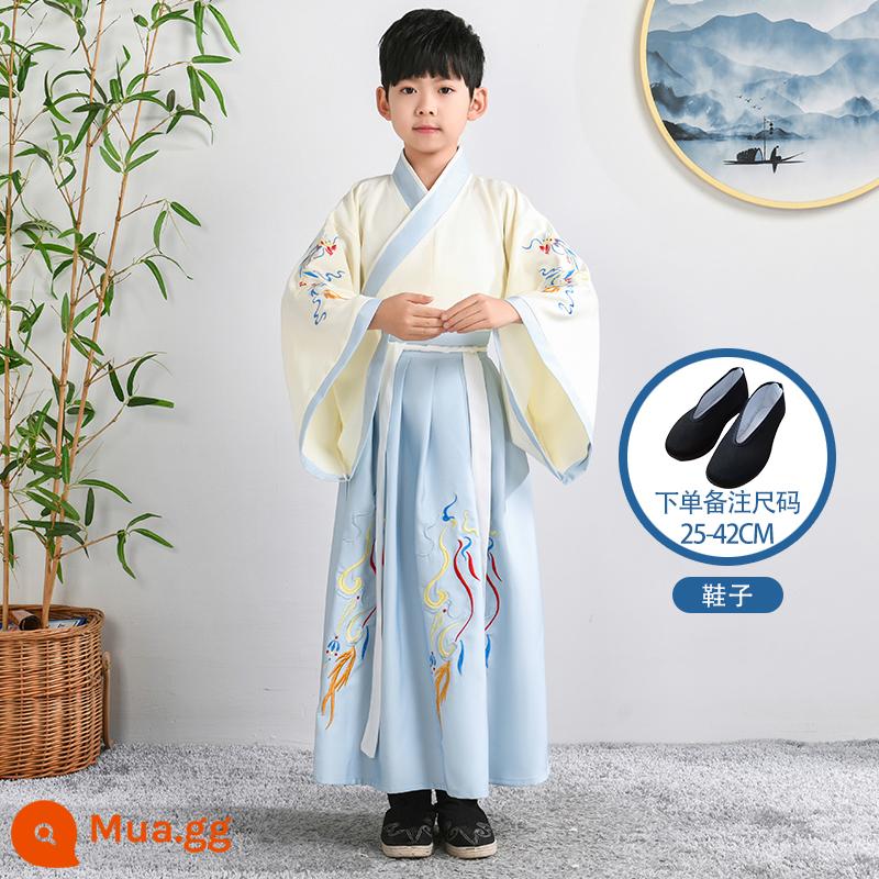 Hanfu trẻ em Sách phong cách Trung Quốc dành cho nam sinh Trường Quốc gia Quần áo trẻ em Trường tiểu học Trang phục cổ dài tay Trang phục nữ Sáu một - Gạo cát tường phong cách nam trắng xanh nhạt + giày đen