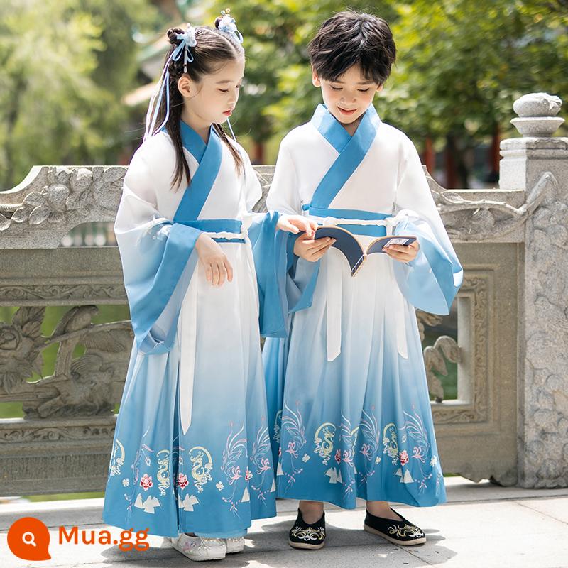 Hanfu trẻ em Sách phong cách Trung Quốc dành cho nam sinh Trường Quốc gia Quần áo trẻ em Trường tiểu học Trang phục cổ dài tay Trang phục nữ Sáu một - Tay áo rộng màu gradient - kiểu dáng giống nhau cho cả nam và nữ