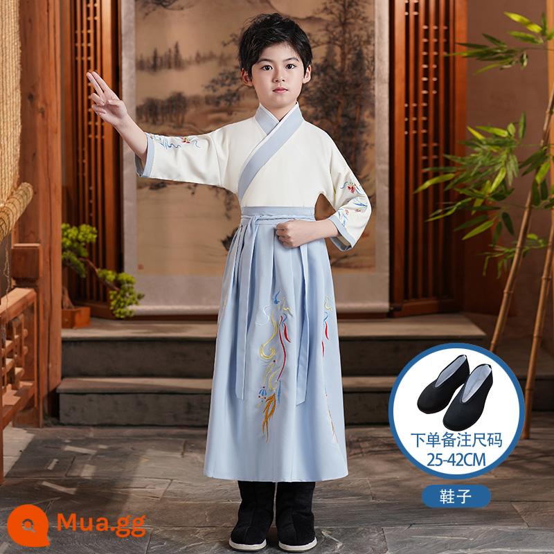 Hanfu trẻ em Sách phong cách Trung Quốc dành cho nam sinh Trường Quốc gia Quần áo trẻ em Trường tiểu học Trang phục cổ dài tay Trang phục nữ Sáu một - Áo cát tường nam tay ngắn màu trắng xanh nhạt + giày vải đen (vui lòng lưu ý size)