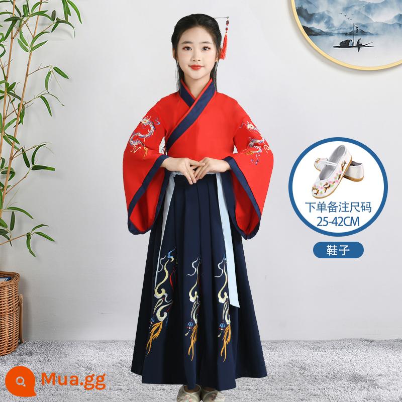 Hanfu trẻ em Sách phong cách Trung Quốc dành cho nam sinh Trường Quốc gia Quần áo trẻ em Trường tiểu học Trang phục cổ dài tay Trang phục nữ Sáu một - Giày nữ màu đỏ xanh đậm + giày thêu màu trắng tốt lành