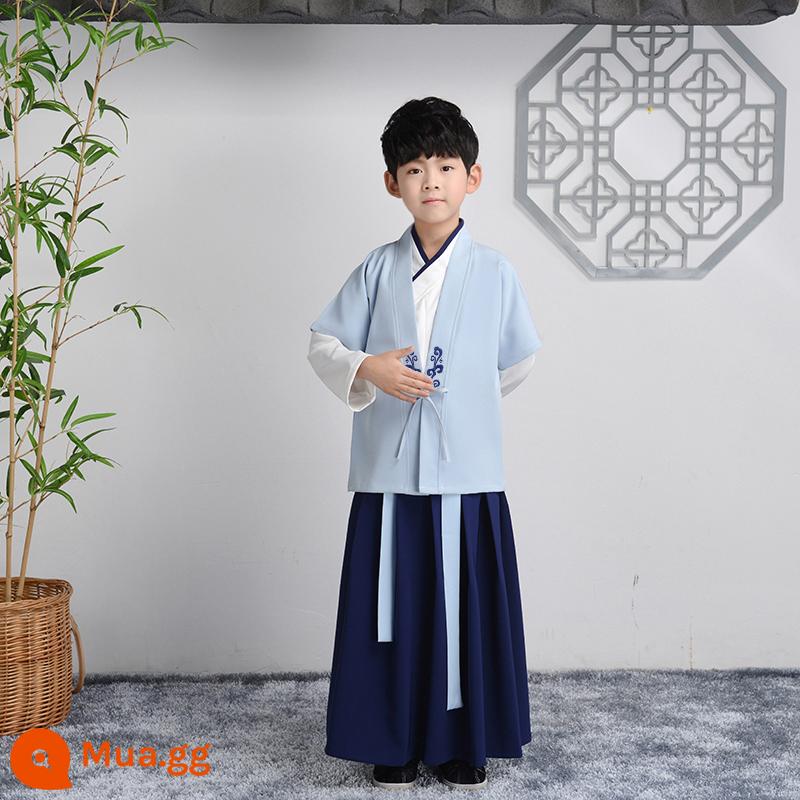 Hanfu trẻ em Sách phong cách Trung Quốc dành cho nam sinh Trường Quốc gia Quần áo trẻ em Trường tiểu học Trang phục cổ dài tay Trang phục nữ Sáu một - Kiểu nam (tay áo dài + vest xanh da trời)