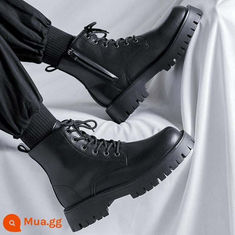 Martin Boots Men Winter Plus Velvet Style Style Tube Work phôi đôi giày da nam giới bằng da cao xe máy! - 6 lỗ đen