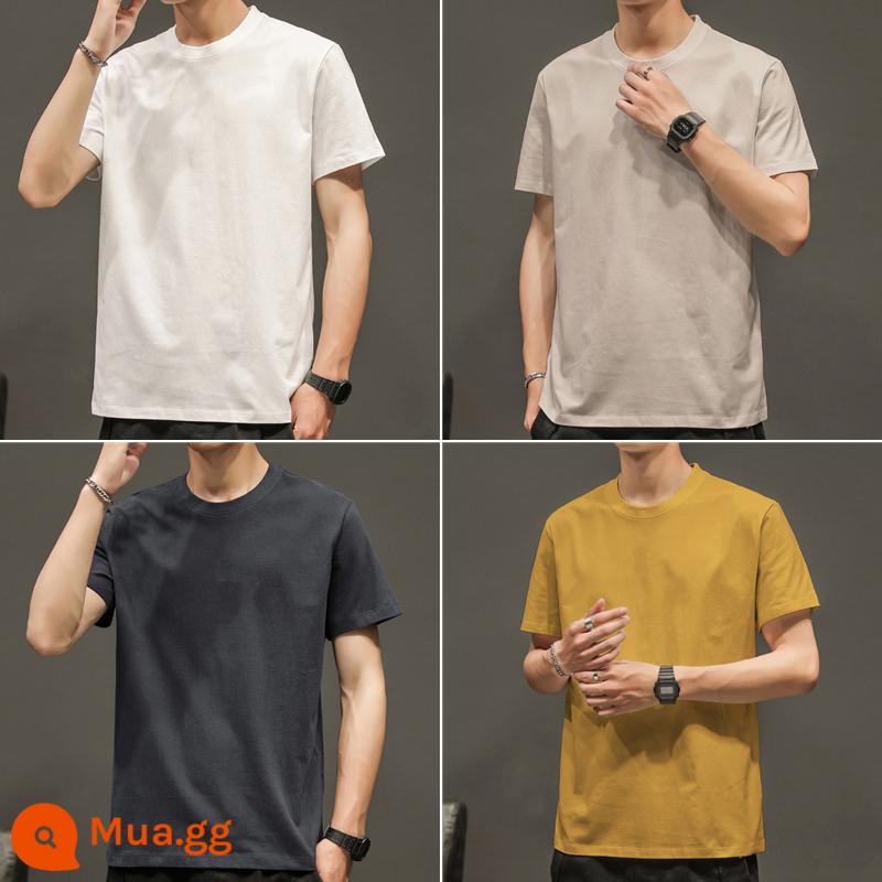 4 cái] Xu hướng cotton nguyên chất cho nam Áo thun nam ngắn tay màu trơn quần áo nửa tay Áo thun mùa xuân có đáy áo sơ mi dài tay - Tay áo ngắn/trắng tinh khiết + kaki + xám than + nghệ