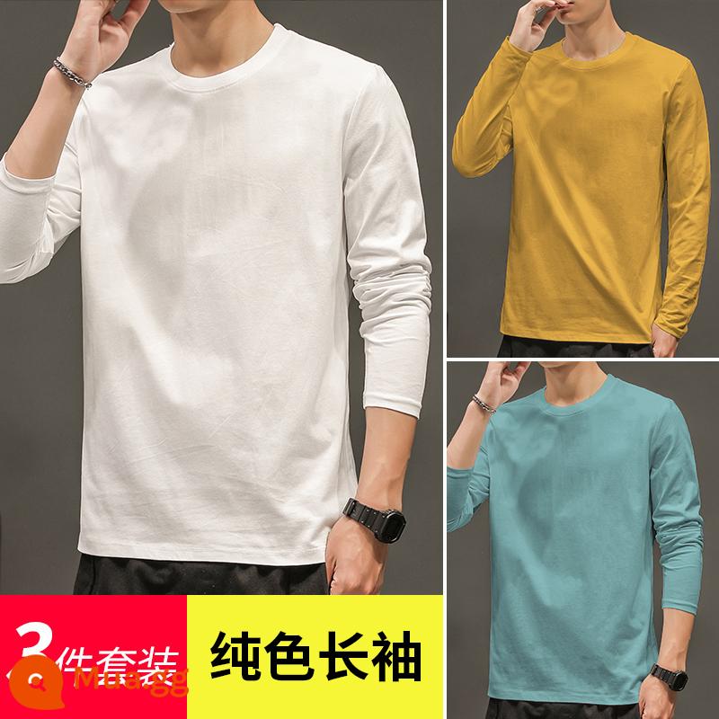 4 cái] Xu hướng cotton nguyên chất cho nam Áo thun nam ngắn tay màu trơn quần áo nửa tay Áo thun mùa xuân có đáy áo sơ mi dài tay - Tay áo dài/trắng tinh + xanh hồ + gừng