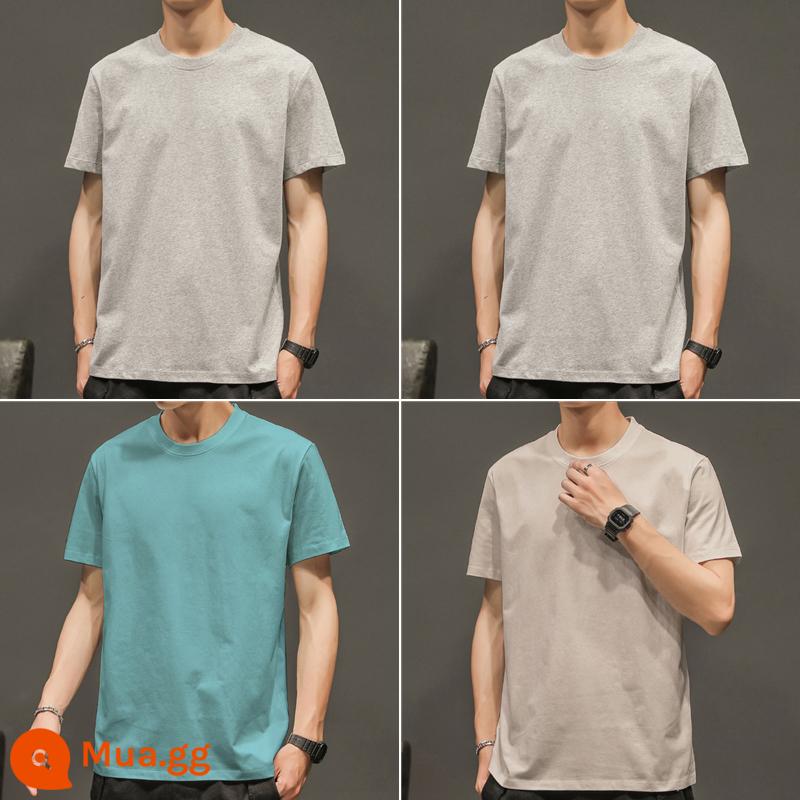 4 cái] Xu hướng cotton nguyên chất cho nam Áo thun nam ngắn tay màu trơn quần áo nửa tay Áo thun mùa xuân có đáy áo sơ mi dài tay - Tay áo ngắn/xám thuần + xám thuần + xanh hồ + kaki