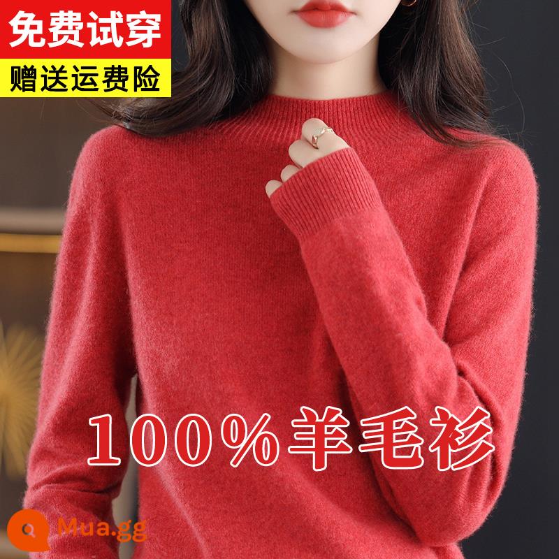 Ordos 100% len ngắn mùa thu đông nữ dáng rộng áo len chui đầu dệt kim cashmere đáy áo sơ mi - màu đỏ