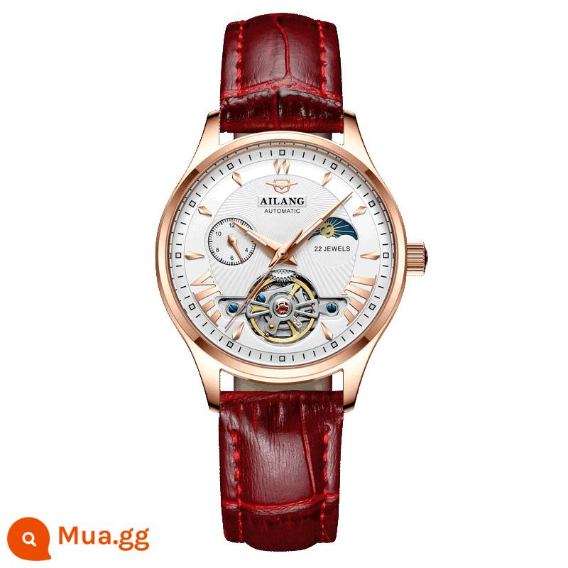 Thụy Sĩ đồng ý đồng hồ Ladies Đồng hồ cơ Mười Thương hiệu Ánh sáng sang trọng Sao Niche Ins Women's Watch 520 Quà tặng để tặng bạn gái - Dây đồng hồ vỏ hoa hồng mặt trắng đỏ (Chứng nhận chống thấm nước 30 mét của Thụy Sĩ)