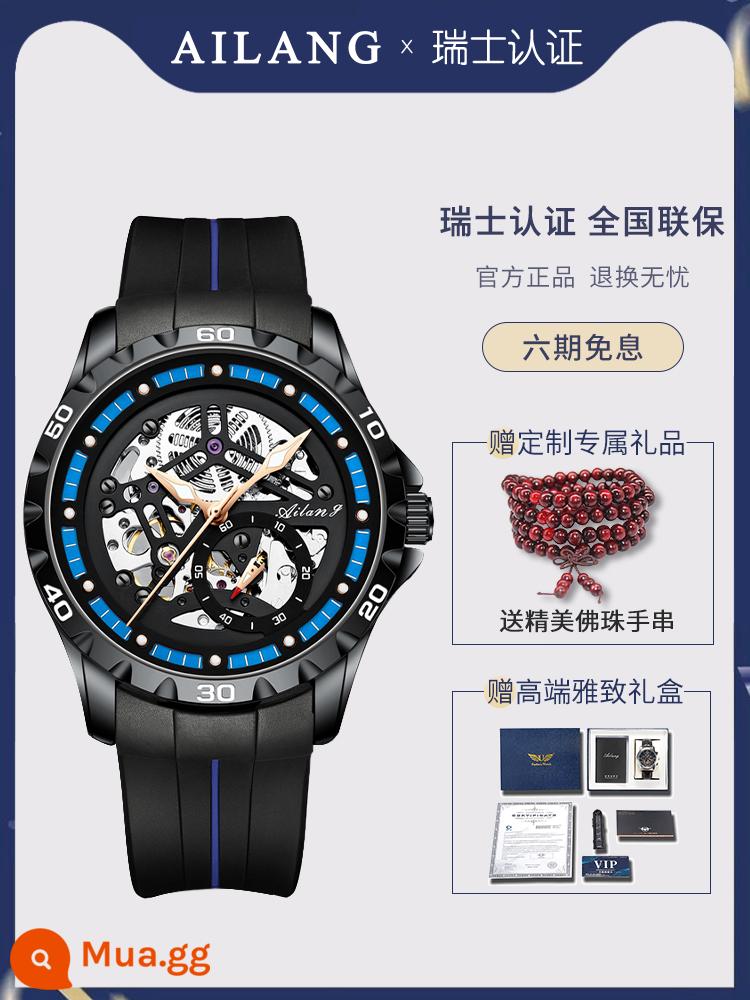 Đồng Hồ Chính Hãng Thụy Sĩ Tourbillon Rỗng Nam Siêu Mỏng 2023 Đồng Hồ Cơ Tự Động Mới Đồng Hồ Nam Công Nghệ Đen - Băng silicon hình tròn màu xanh vỏ đen (bộ chuyển động rỗng mới đi kèm với dây đeo bằng da tùy chỉnh)